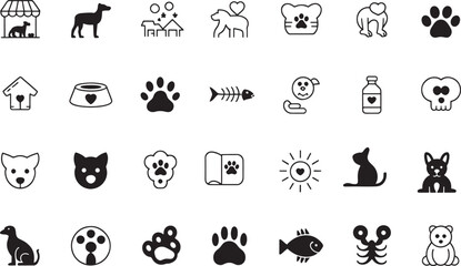 Collection of Black and White Pet Related Icons Featuring Dogs Cats and More for Veterinary and Pet Store Designs