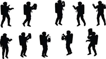 Astronaut silhouette set holding scientific tools, exploring space environment, cosmic science research, outer space mission, astronaut experiment illustration vector art.