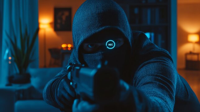 A masked figure in a dark room holding a gun.