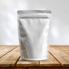 Blank, clear, resealable food pouch on wooden surface