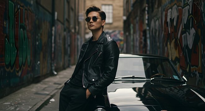 Stylish Man in Leather Jacket Leaning on Classic Car in Graffiti-Adorned Urban Alley