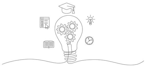 Minimalist line art illustration of a large light bulb containing gears, symbolizing innovation, ideas, and creative thinking
