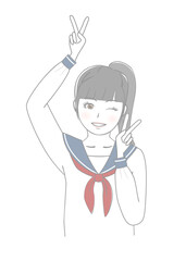 ピースサインをする制服の女の子