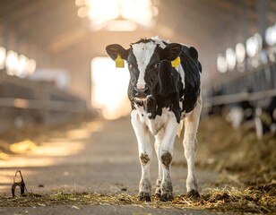 A young black and white calf stands inside a barn