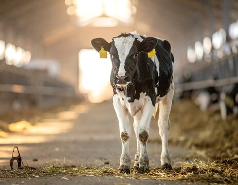 A young black and white calf stands inside a barn