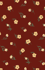 Abstract solid vector textile design, arrangement with a simple small aster flowers, all-over seamless pattern with red and green tone color illustration, digital image printing factory