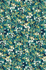 Abstract solid vector textile design, arrangement with a small white simple flower and tree pattern, full all-over seamless pattern with green and yellow tone color illustration, digital image prints