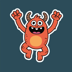 A cartoon illustration of a happy orange monster with horns jumping with its arms raised up high smiling