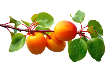 Ripe apricots on branch with green leaves and water drops, isolated on transparent background