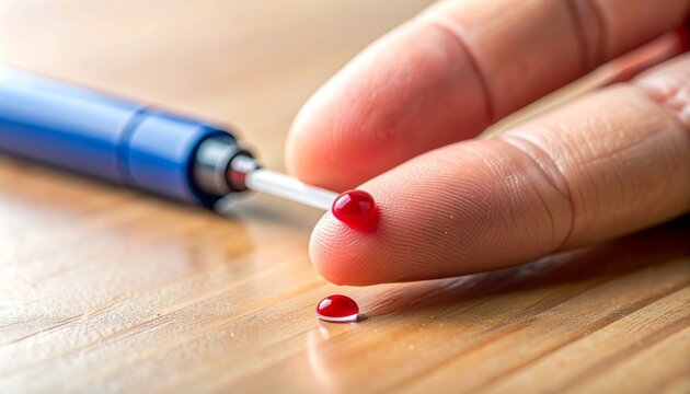 Blood Glucose Testing: Finger Prick with Lancet and Blood Droplets on Wooden Surface