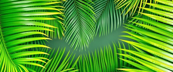 Fototapeta premium Tropical palm leaves arranged in a natural frame, lush green foliage, greenery, border
