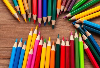 Fototapeta premium Vibrant colored pencils arranged artfully on a wooden table, eraser, flatlay