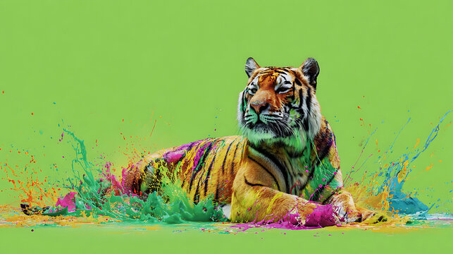 Tiger lounges among vivid paint splashes on a brilliant green backdrop, surreal, bold, and colorful