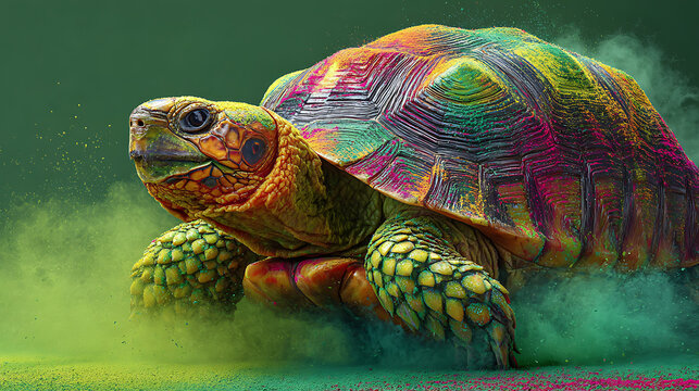 A vibrant land turtle strides through green fog, displaying a multicolored shell and bold markings!!