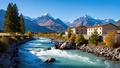 Fototapeta premium Idyllic mountain landscape with river flowing through village in the italian alps on a sunny day