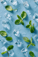 Refreshing Ice Cubes and Mint Leaves on a Cool Blue Surface