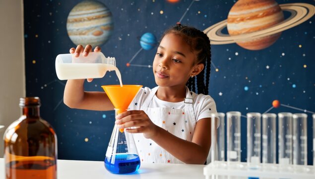 Young girl pouring liquid into a funnel during a science experiment with planets on the wall