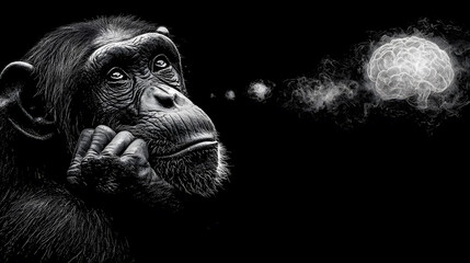 Chimpanzee Contemplating with Brain and Thought Bubbles