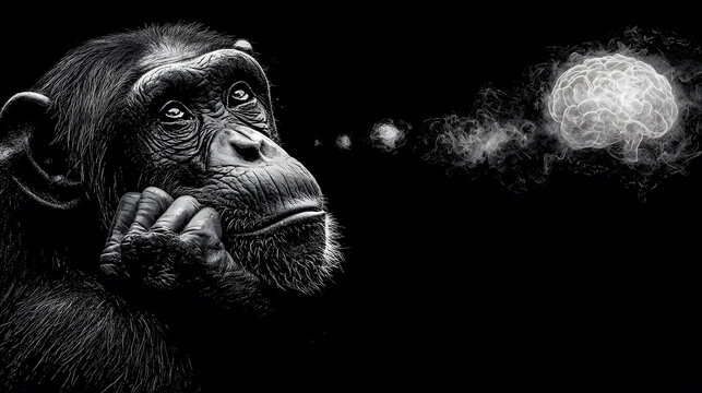 Chimpanzee Contemplating with Brain and Thought Bubbles