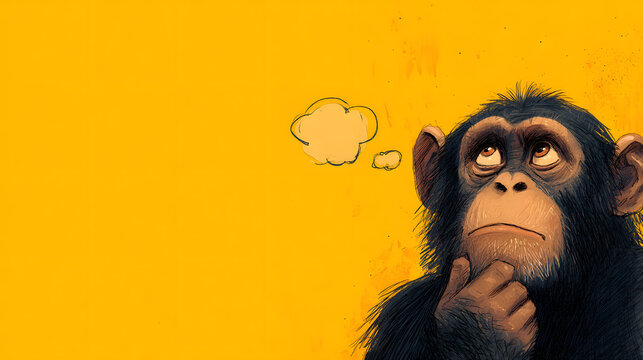 Pensive Chimpanzee with an Empty Thought Bubble on a Yellow Background