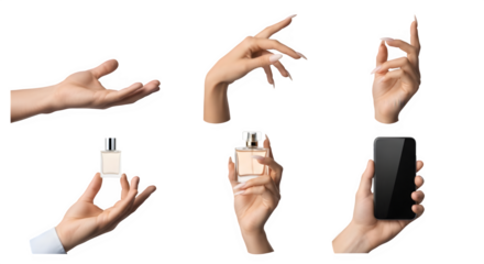 Set of isolated male and female hands holding perfume bottles, smartphone, and gesturing for commercial use