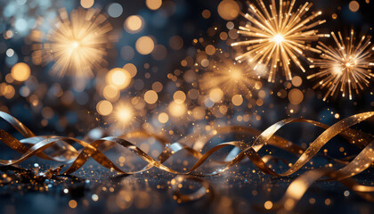 Fototapeta premium Golden ribbons and fireworks create a festive celebration scene