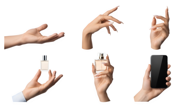 Set of isolated male and female hands holding perfume bottles, smartphone, and gesturing for commercial use