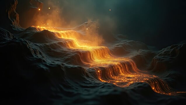 Glowing, rippling, fiery landscape with flowing, ethereal, golden streams of light cascading downwards creating a mystical and atmospheric scene, set against a backdrop of dark, textured forms, 