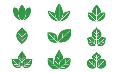 Set of Nine Green Leaf Icons with Stylized Veins Keywords: leaf, leaves, green, nature, plant, organic, eco, environment, growth, fresh, natural, symbol, icon, design, graphic
