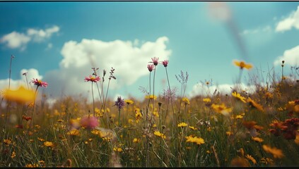 View of various wildflowers blooming in a vibrant meadow under a bright, sunny sky filled with fluffy white clouds.