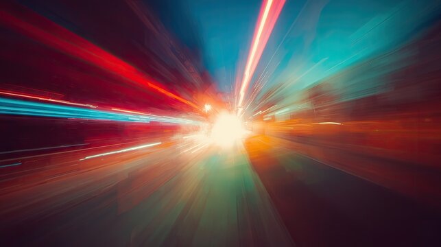 Intense, colorful streaks of light emanate from a central source, creating a dynamic, abstract visual experience with a sense of speed and motion in a blurred, artistic composition.
