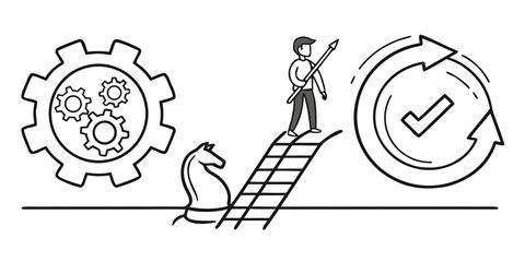 Man climbing ladder with spear, gear mechanism, chess piece, and circular arrows with checkmark symbol