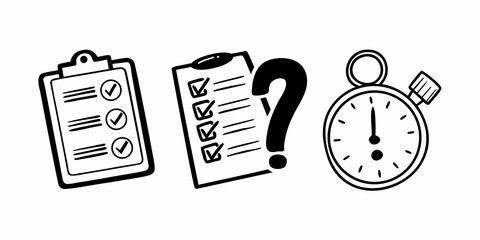 Three icons checklist with ticks question mark and stopwatch in black and white line drawing style