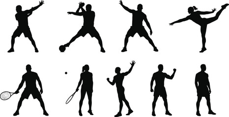 Athlete silhouettes in sports action, basketball, soccer, tennis, boxing, dance, fitness lifestyle, victory poses, dynamic movement, physical activity illustration