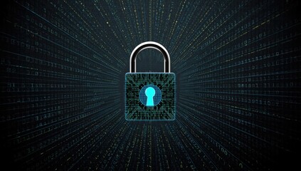 Digital lock icon is showcased centered in the image, displaying intricate electronic circuitry on its surface with a glowing keyhole, set against a backdrop of flowing binary code.