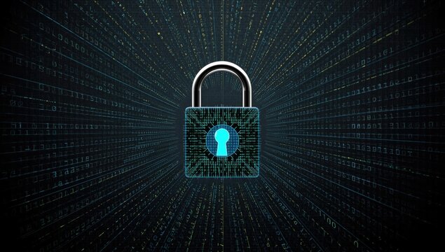 Digital lock icon is showcased centered in the image, displaying intricate electronic circuitry on its surface with a glowing keyhole, set against a backdrop of flowing binary code.