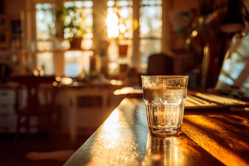The inviting office space, conveniently located near the kitchen, is bathed in soft, warm light that gracefully reflects through a glass of water, creating a serene atmosphere during the enchanting go