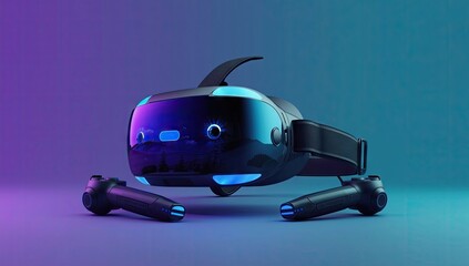 Futuristic virtual reality headset and controllers sit poised on a gradient surface illuminated by vibrant blue and purple lighting, creating a technologically advanced and immersive experience.