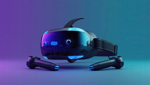 Futuristic virtual reality headset and controllers sit poised on a gradient surface illuminated by vibrant blue and purple lighting, creating a technologically advanced and immersive experience.