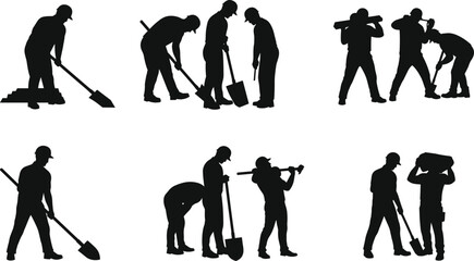 Obraz premium Construction Labor Silhouettes, Manual Work Scene, Shovel and Beam Handling, Team Coordination, Industrial Effort, Black Figures, Hard Hat Workers, Material Movement