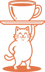 Happy cat mascot holding coffee cup on tray vector logo design isolated on white background