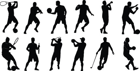 Athlete silhouettes playing sports, tennis soccer basketball boxing baseball golf rugby, dynamic action poses, fitness illustration, active lifestyle design, vector art collection