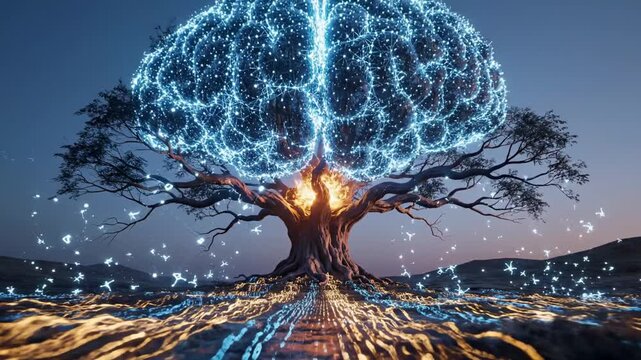 A glowing brain-like network tree with fiery core, roots & floating particles in a surreal landscape
