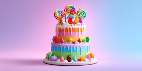 A colorful cake with rainbow frosting and lollipops on top