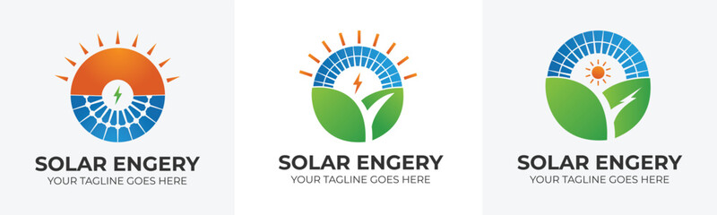 Clean energy logo designs showcase solar power and nature's harmony, perfect for branding eco-friendly initiatives and renewable tech startups