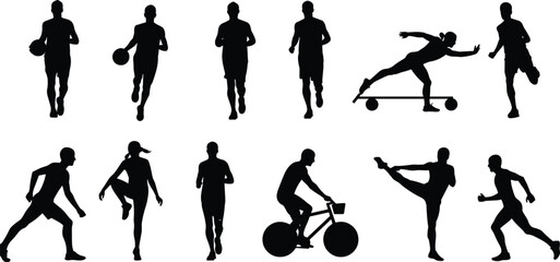 Athlete silhouettes, running, jogging, cycling, roller skating, basketball, sports training, fitness, exercise, movement, dance, sprinting, workout, active 