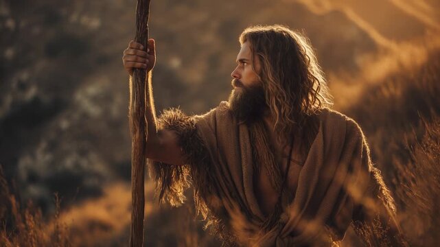 Prophet in desert holds staff and looks to sky. John Baptist in robe stands near mountains. Wilderness spreads around. Sky full clouds. Robe and staff. Prophet walks in desert wilderness, clouds above