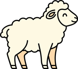 A cartoon illustration of a fluffy cream colored sheep with black outlines