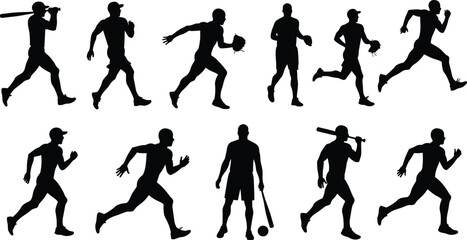 Baseball player silhouettes in action, batting, pitching, running, sports performance, athletic movement, fitness lifestyle, dynamic game illustration, outdoor recreation