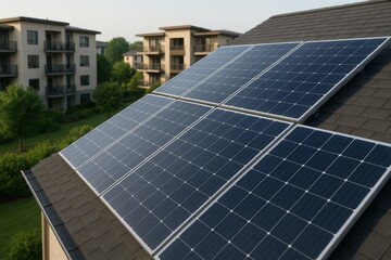 Obraz premium Solar panels installed on residential rooftop with modern apartment buildings in background illustrating eco-friendly energy concept in urban setting. Ai generative